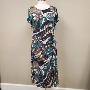 Lafayette 148 Printed Midi Dress Bateau Neck Sz XXL Sash tie at side Multicolor